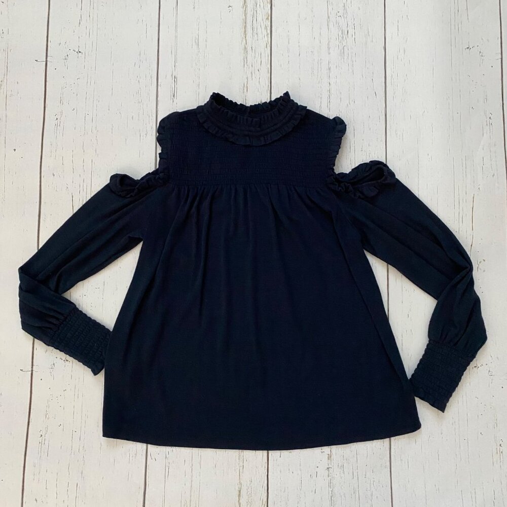 LOFT Dark Navy Ruffle Detail Cold Shoulder Mock Neck Top